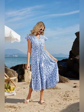 Grace Karin Blue and White Ikat V-Neck Maxi Dress Women’s size large